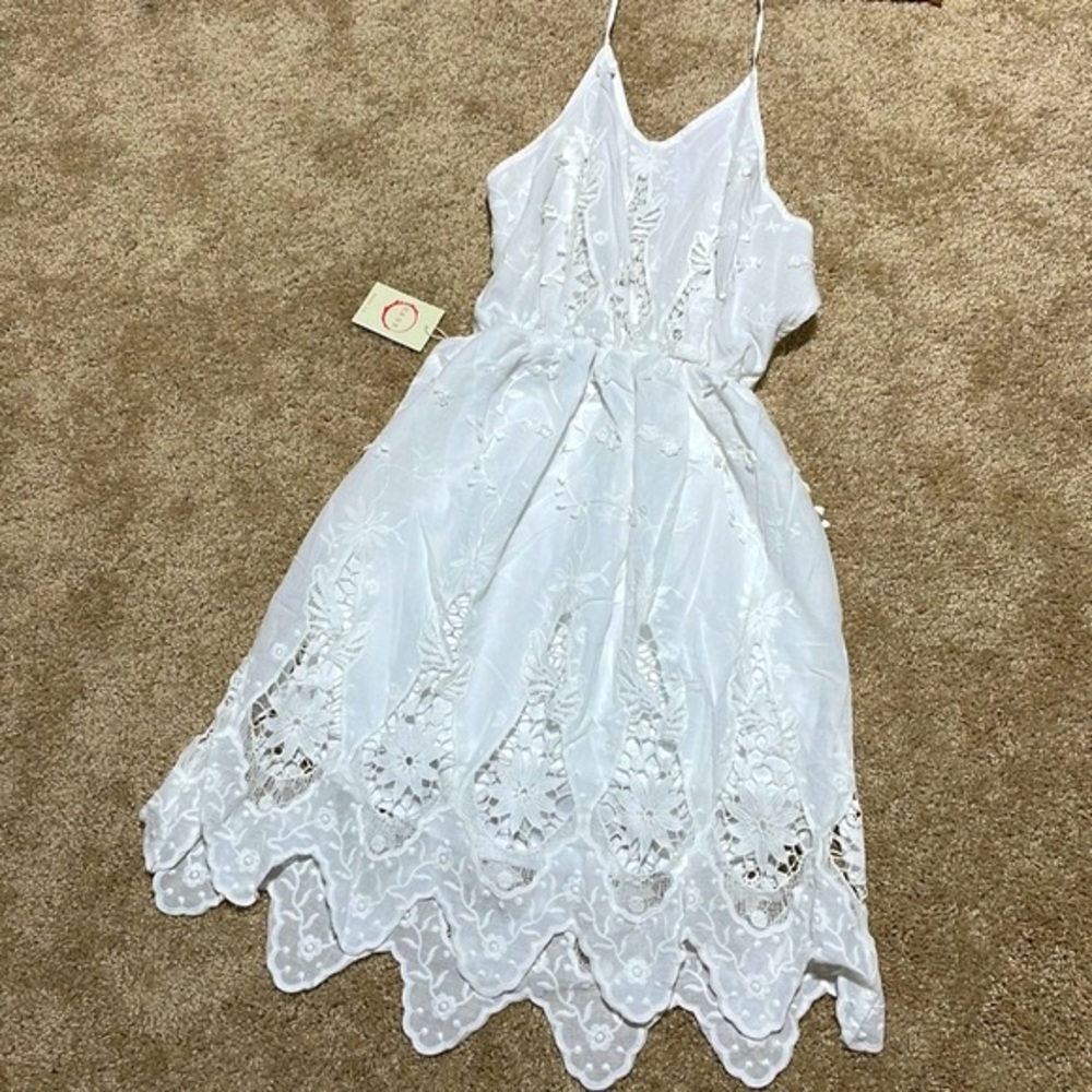 Raga white lace backless halter racer back cotton embroidered scallop mini dress